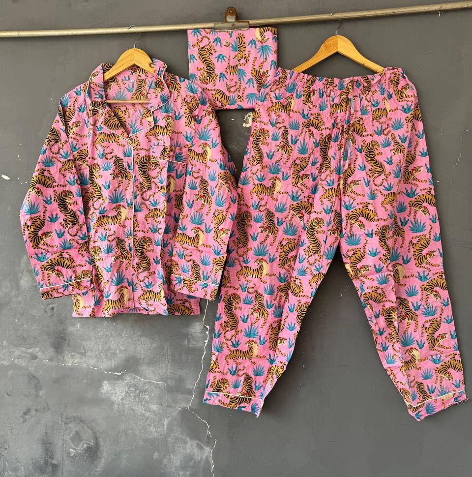 Pajama Set Tiger Printed PJ Sets Pure Cotton Summer Dress