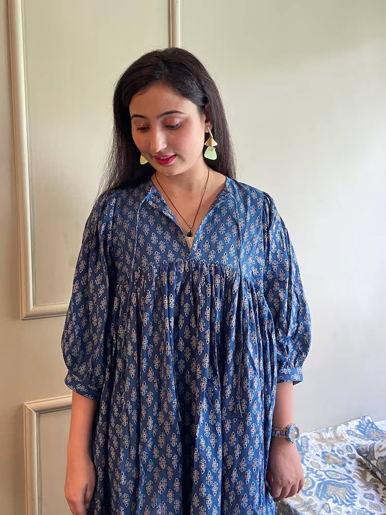 Handmade Women Dress Cotton Floral Printed Midi Dress