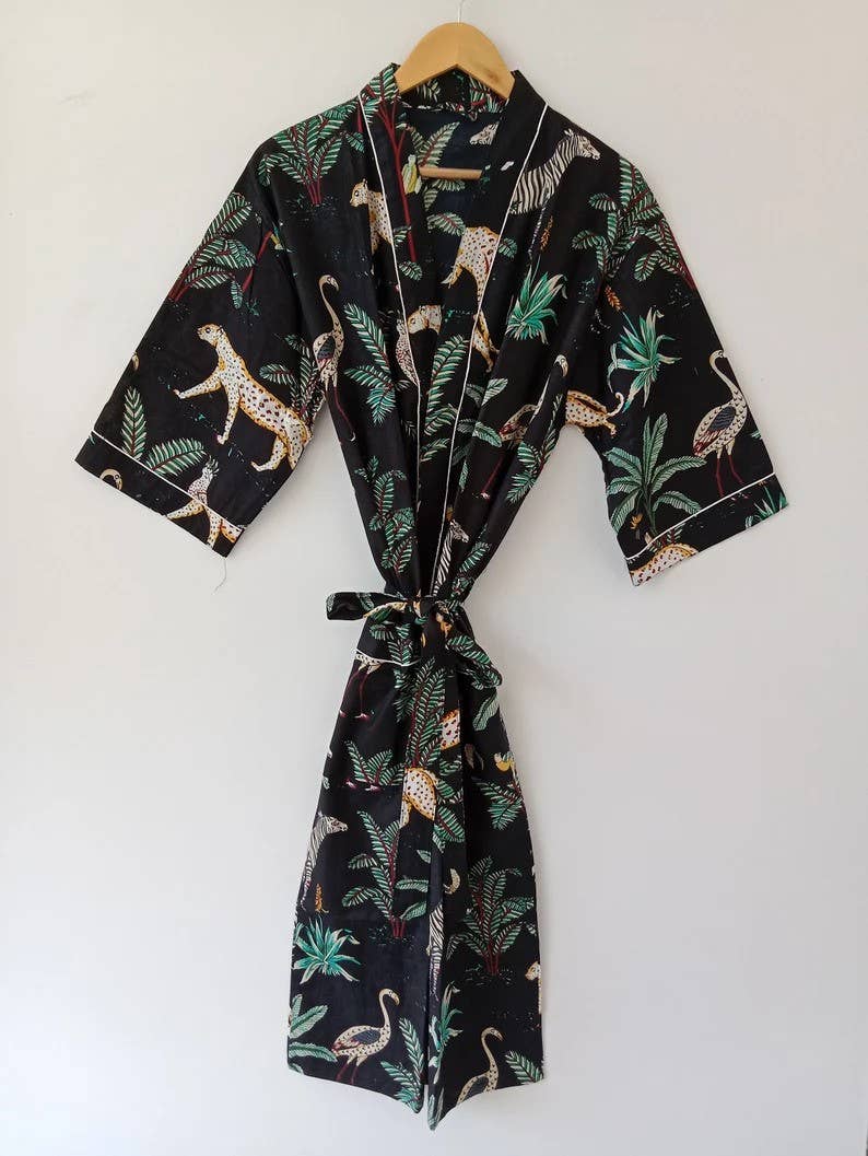 New Jungle Print Cotton Kimono Robe Long Dressing Gown