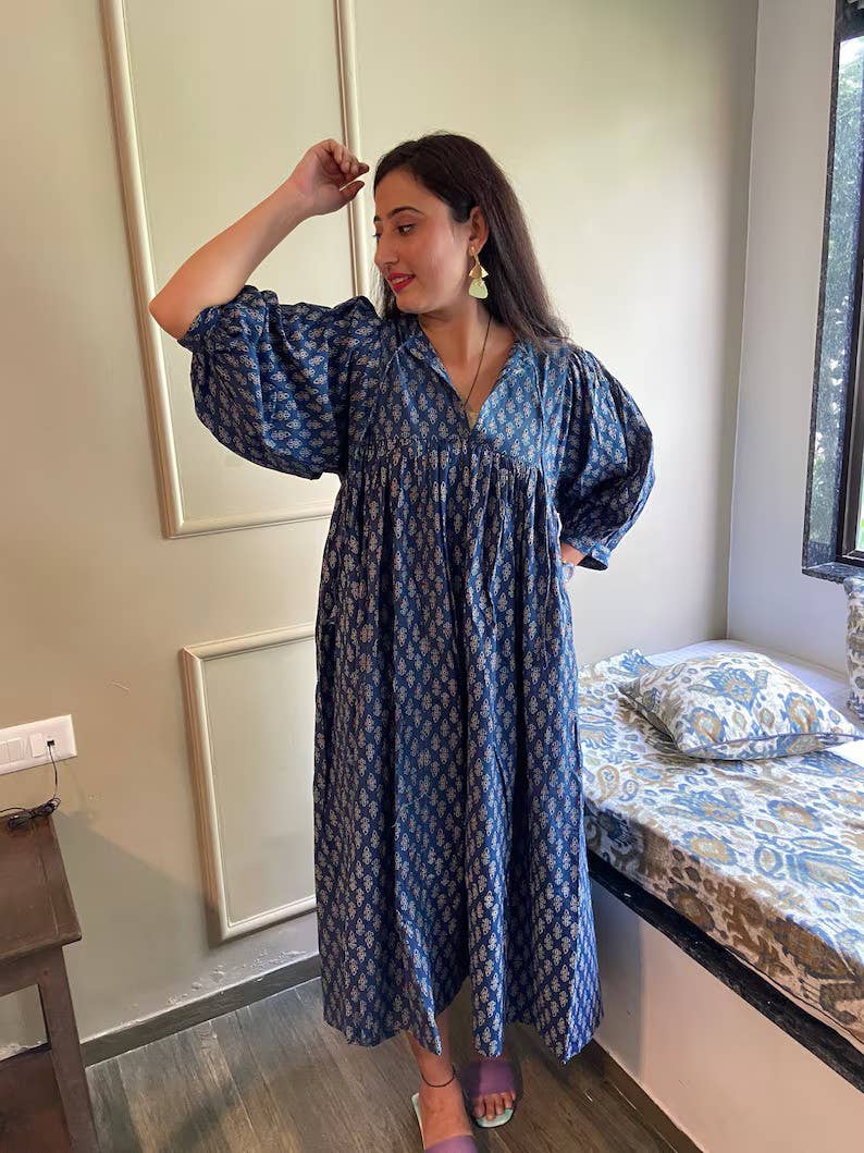 Handmade Women Dress Cotton Floral Printed Midi Dress
