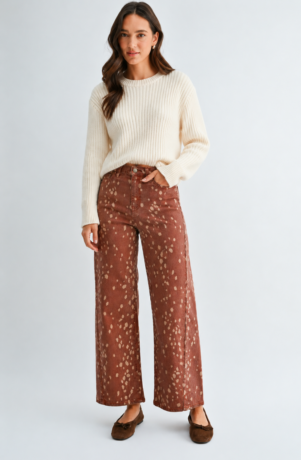 Printed Hem Seamed Slim Wide Leg - Deer Print - DP884-A
