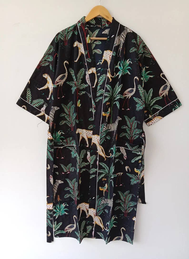 New Jungle Print Cotton Kimono Robe Long Dressing Gown