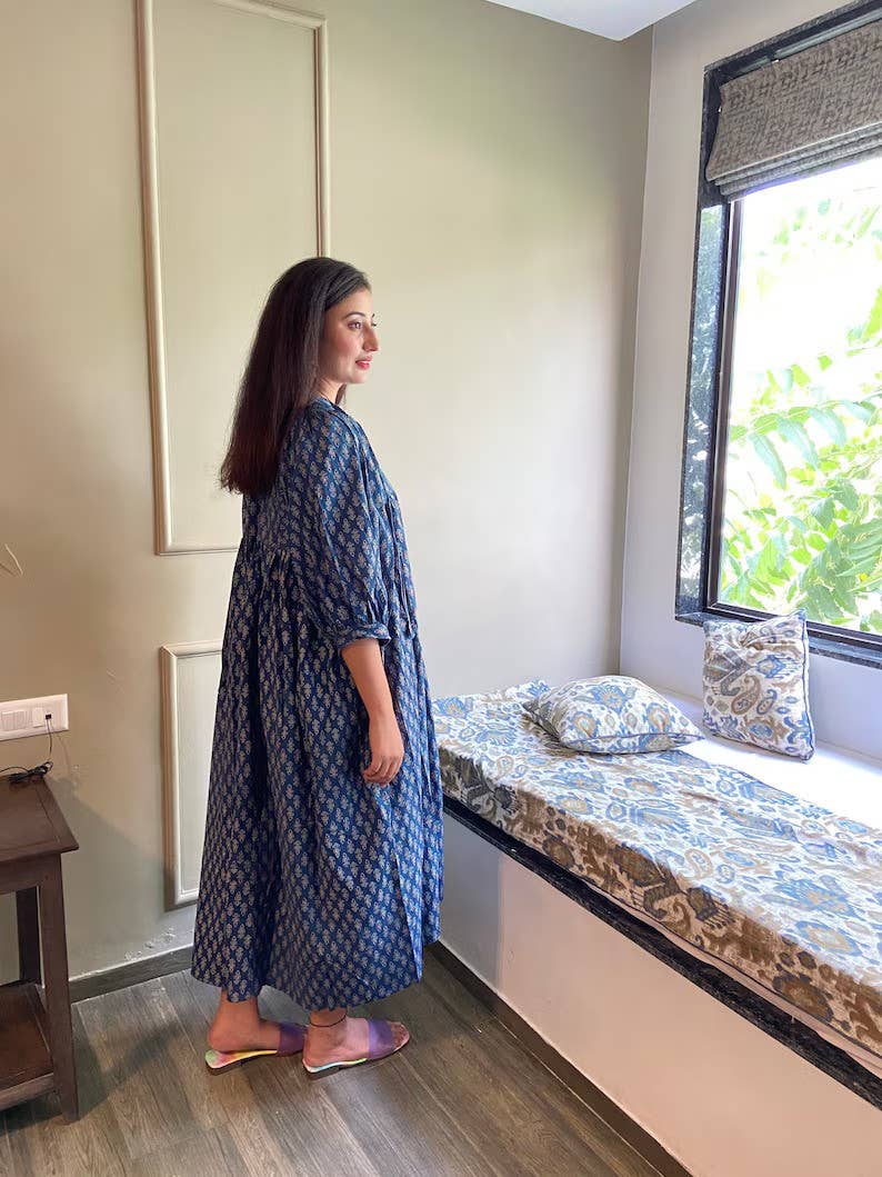 Handmade Women Dress Cotton Floral Printed Midi Dress