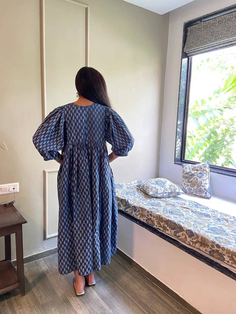 Handmade Women Dress Cotton Floral Printed Midi Dress