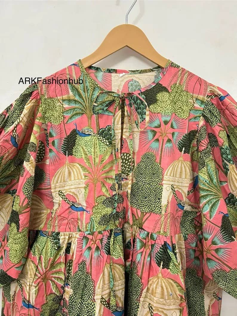 100% Cotton Indian Floral Print Midi Dress Tunic Top Womens