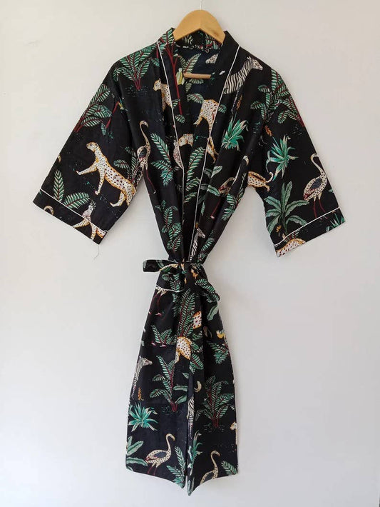 New Jungle Print Cotton Kimono Robe Long Dressing Gown
