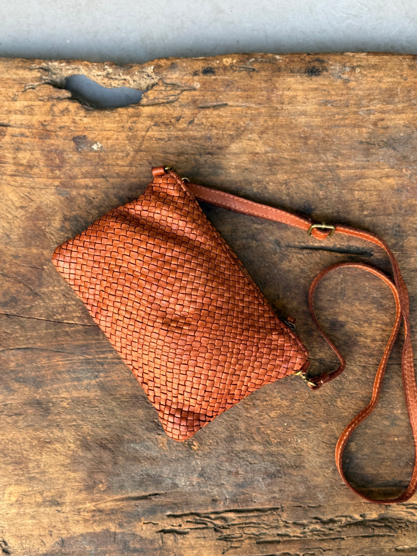 Italian Woven Leather Clutch I - Congac