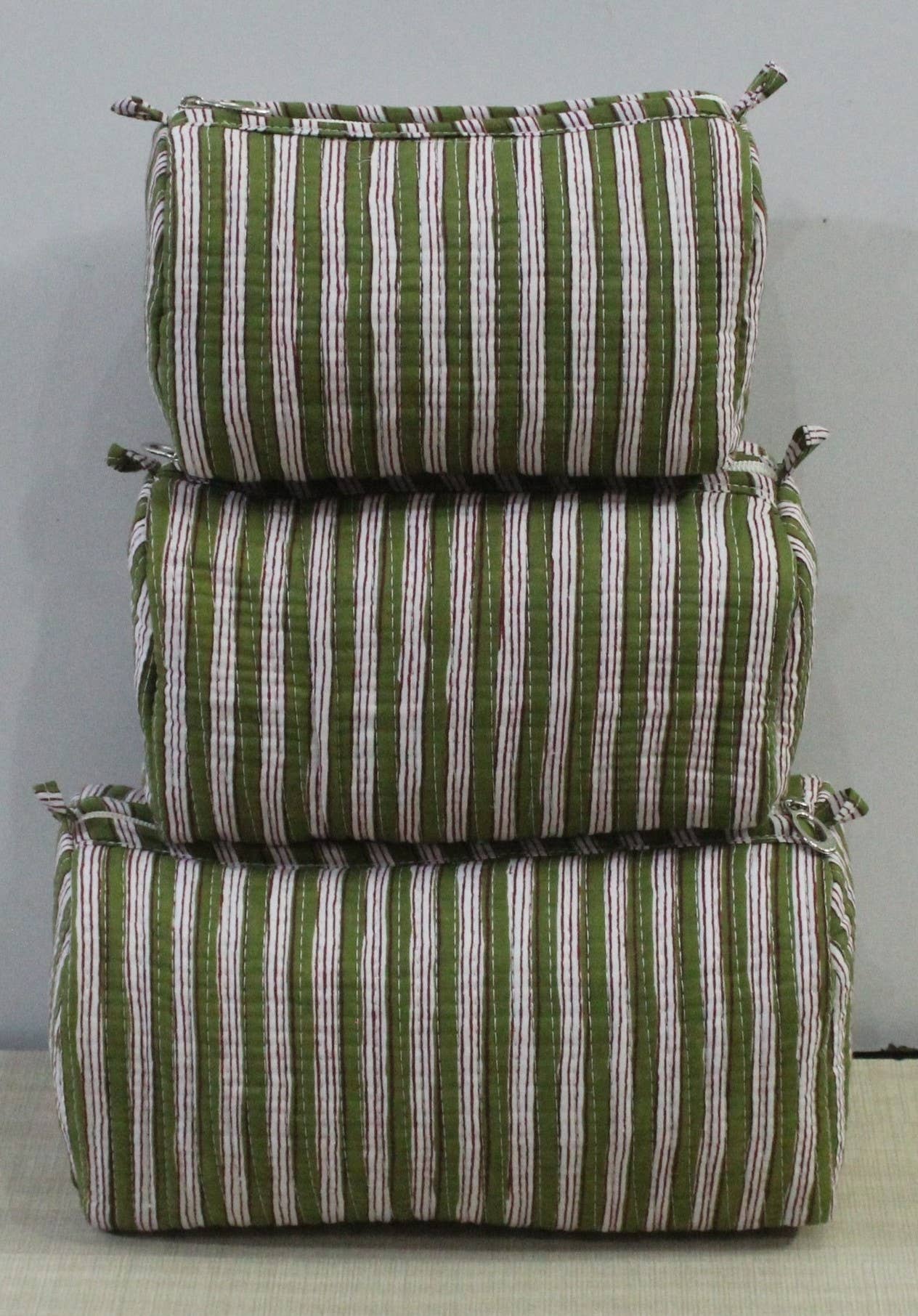 Green Stripe Cotton Quilted Makeup/Washbag