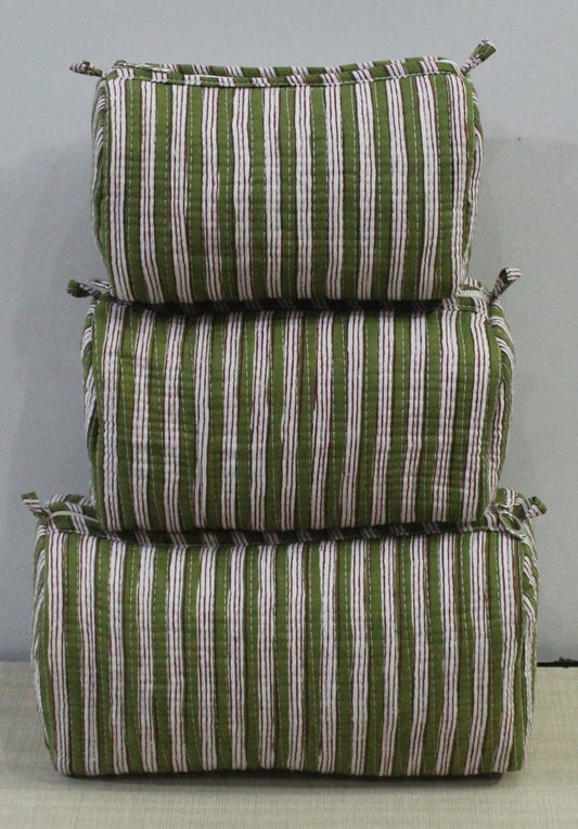 Green Stripe Cotton Quilted Makeup/Washbag