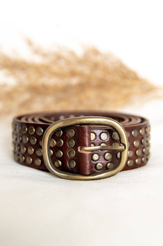 DARK BROWN LEATHER BELT WITH STUDS WIDE