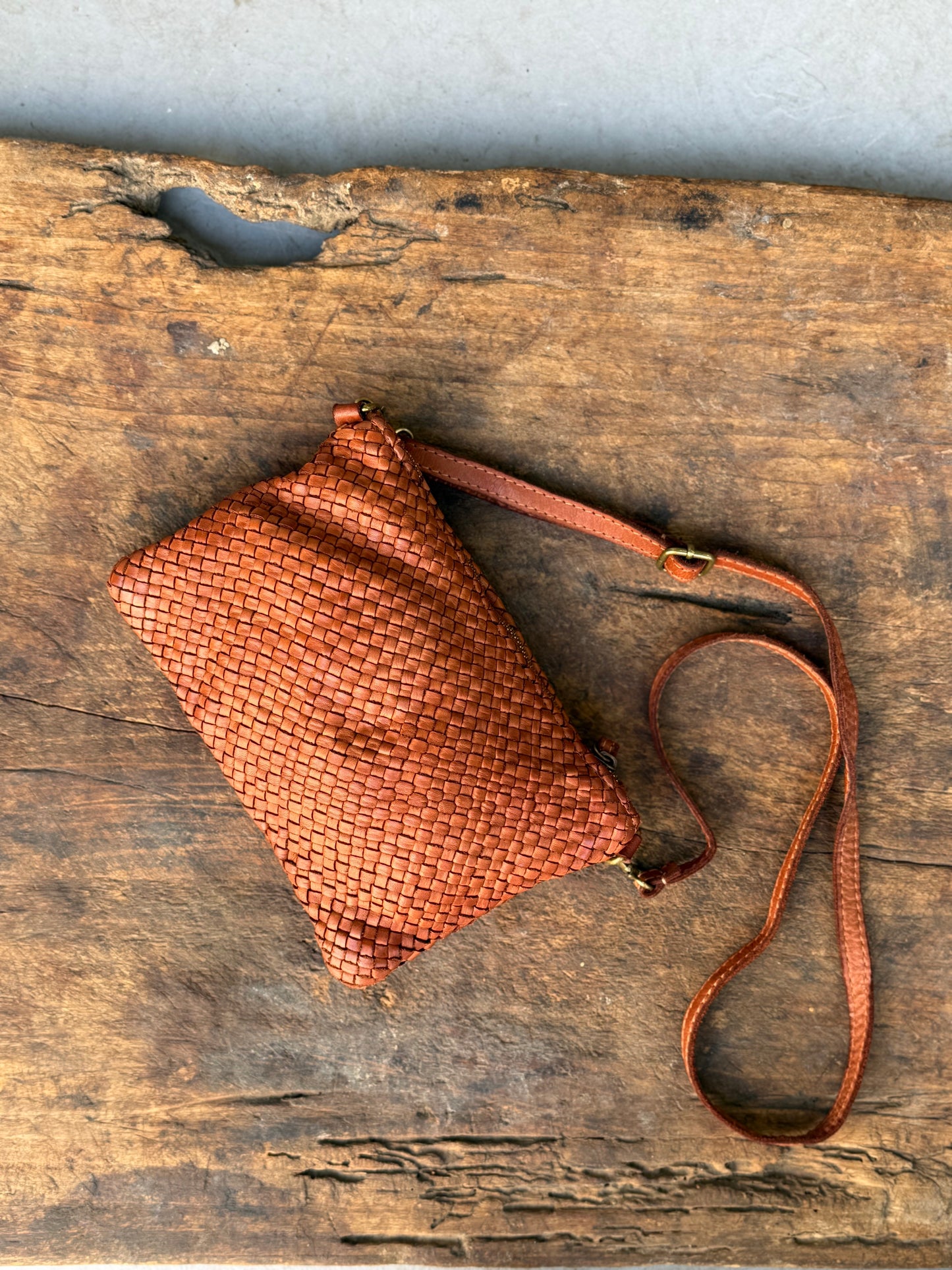 Italian Woven Leather Clutch I - Congac