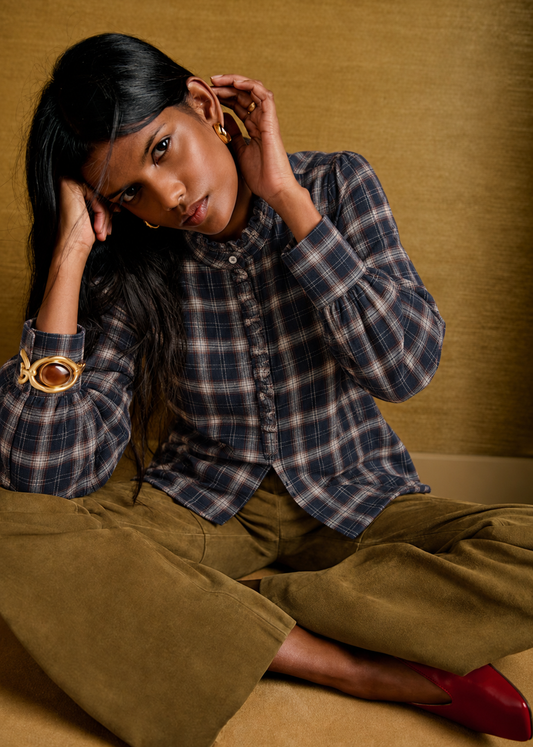 45880-Check Fabric Shirt With Ruffle Detail
