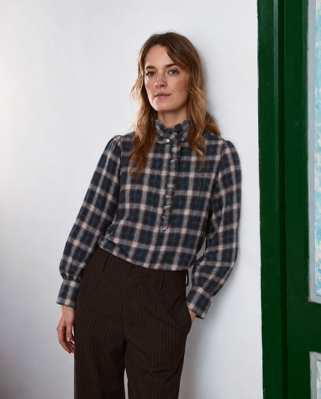 45880-Check Fabric Shirt With Ruffle Detail