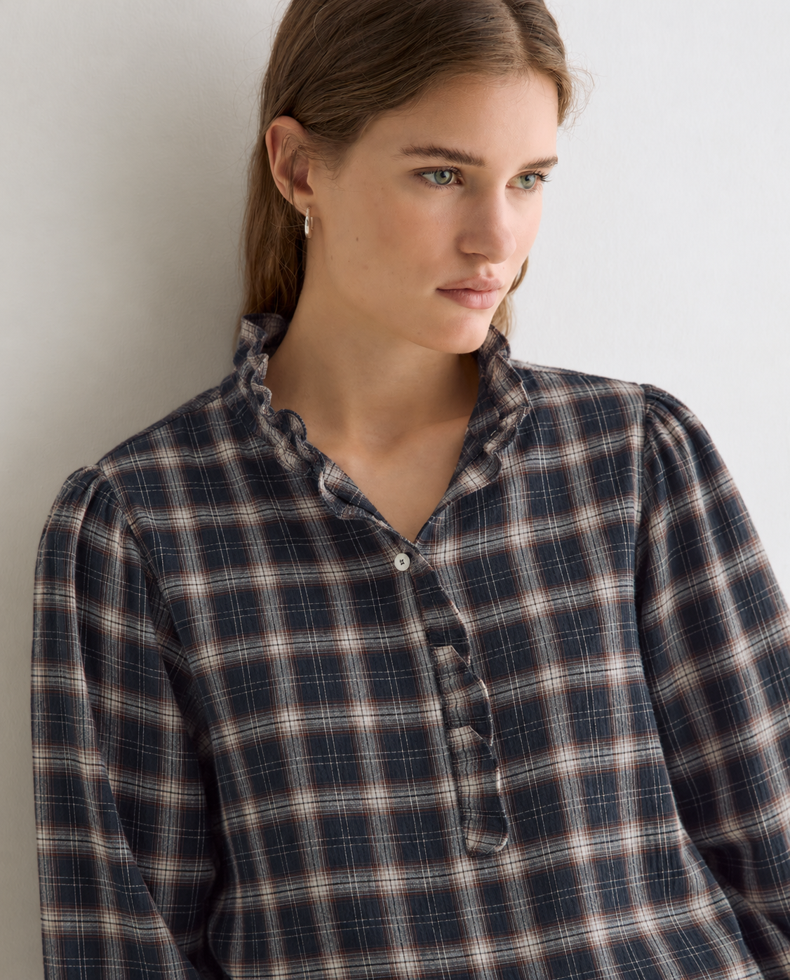 45880-Check Fabric Shirt With Ruffle Detail