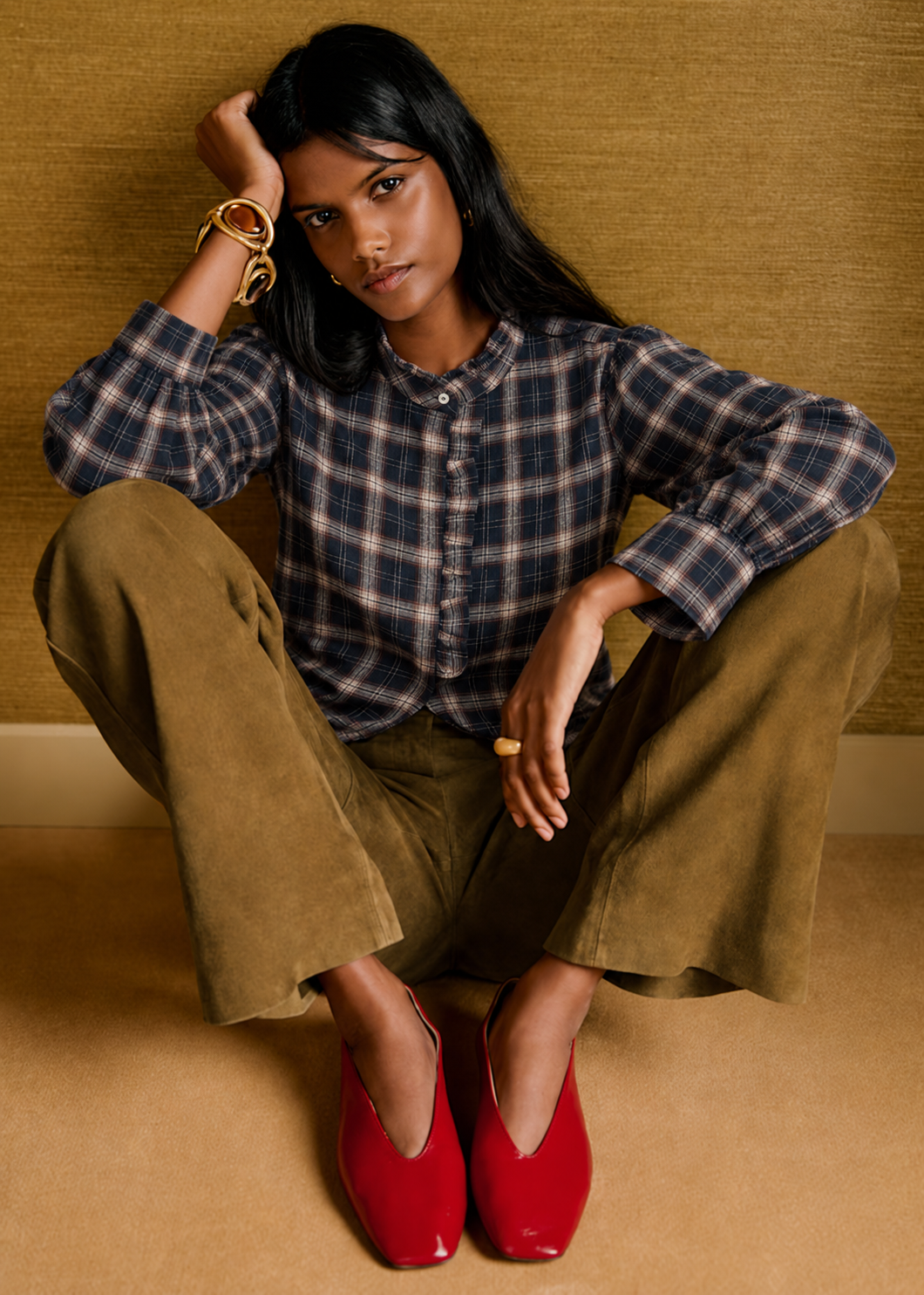 45880-Check Fabric Shirt With Ruffle Detail