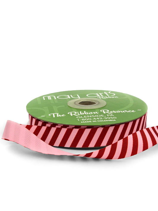 5/8" Pink & Red Modern Diagonal Stripe Grosgrain Ribbon