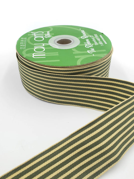 1.5" Woven Classic Moss & Oatmeal Striped Grosgrain Ribbon