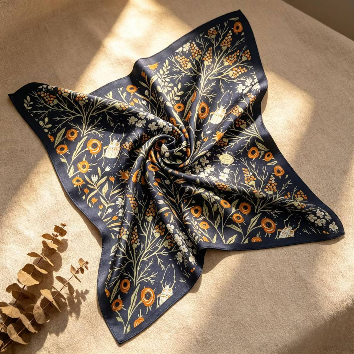 Navy Wildflower Silk Scarf | 100% Mulberry Silk